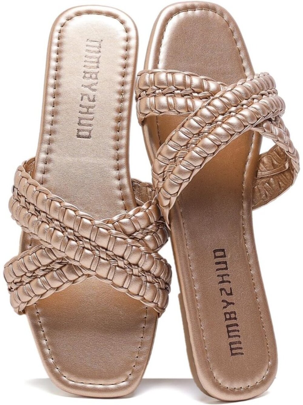 Women's Champagne Faux Leather Flat Sandals Comfortable Slip On Braided